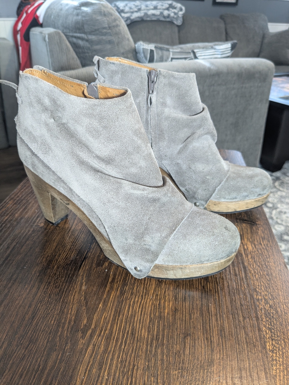 Coclico Grey Suede Slouchy Ankle Boots Wood Block Heel Luxury Boho, 39(Sz 8.5-9)